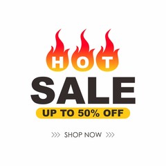 Hot Sale Sign Shape Banner with Fire Design, Discount Banner Template Vector for advertising, social media, web banner