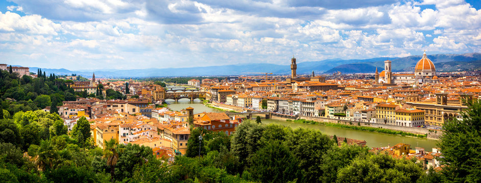 Panoramic view, aerial skyline of Florence Firenze on blue backdrop. Famous european travel destination. Beautiful architecture renaissance church. Summer landscape banner. Florence, Tuscany, Italy