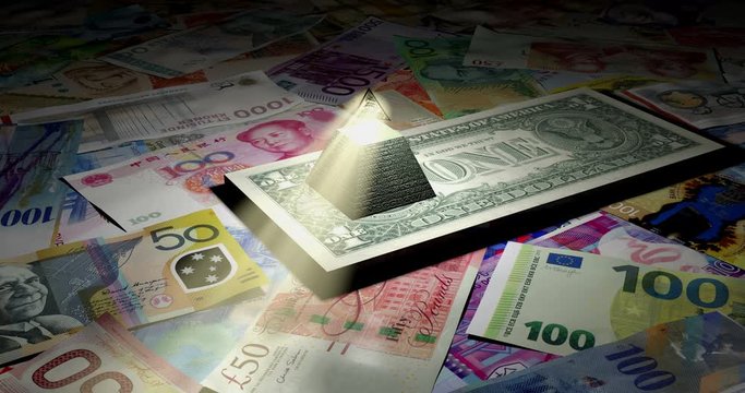 the eye of providence watches over all global currencies. concept of US dollar as the world's dominant reserve currency, international financial management, global banking system. cg animation, 4K