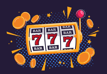 Vector illustration of Big win slots 777 in a casino with gold coins - obrazy, fototapety, plakaty