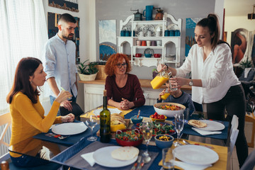 family dinner party at home. vegetarian dinner. vegan food concept