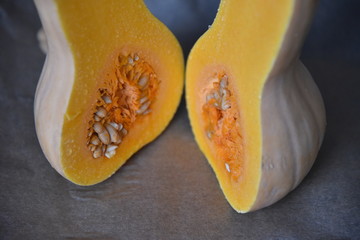 Sliced, fresh organic pumpkin with seeds. 