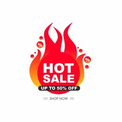 Hot Sale Sign Shape Banner with Fire Design, Discount Banner Template Vector for advertising, social media, web banner
