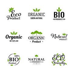Natural ingredients eco green labels and stickers. Vector Illustration. Natural, Organic, Bio, Design Collection - A set green colored Designs on light background.
