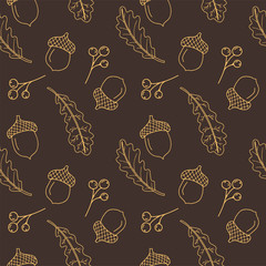Seamless vector pattern with acorns, berries and leaves. Hand drawn doodle pattern. Autumn wallpaper on the brown background. Botanical print for fabric, textile, wrapping paper.