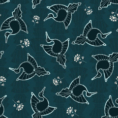 Vector Art Deco inspired Moody Black Swans with Snowdrop Flowers seamless pattern background.