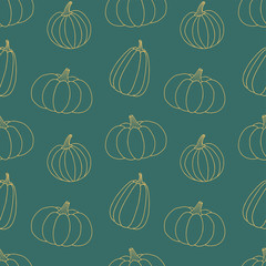Seamless vector pattern with pumpkins. Hand drawn doodle pattern. Autumn wallpaper on dark green background. Botanical print for fabric, textile, wrapping paper. Pumpkin harvest.