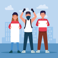 cartoon young people protestating holding blank signs