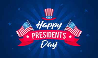 Happy Presidents Day Vector illustration. Text with uncle Sam's hat and USA flag waving on blue background