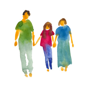 Hand drawn watercolor illustration: group of people. Three people hold hands, man, woman and teenager. Vector.