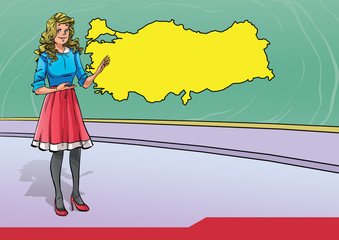 The young lady in front of the map of Turkey.