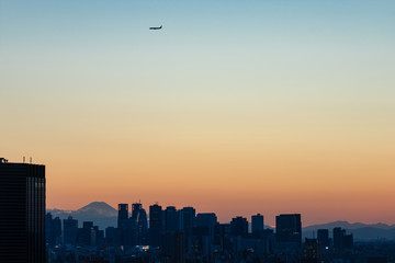 夕焼けを背景に文京区から見た新宿方面の景色と着陸態勢の飛行機