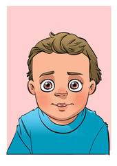 Boy baby face. He looks with interest and love.