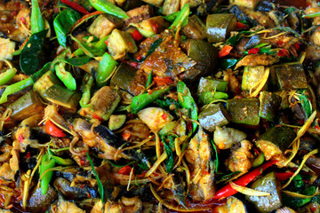 Stewed vegetables and noodles at a street market in Bangkok, Thailand