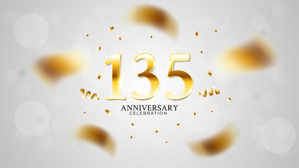 135th anniversary celebration with gold color and white background bokeh effects and sparkling confetti. modern elegant design can be used for a wedding or company. editable vector EPS 10