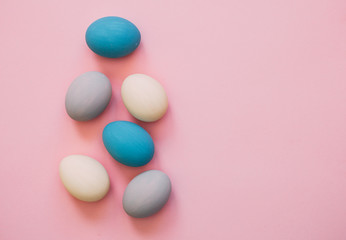 Easter eggs, colorful flat lay with copy space for text, easter holiday card
