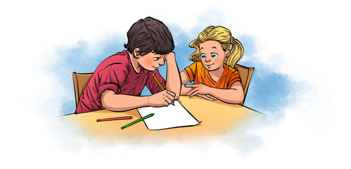 Girl and boy are studying at the table. Isolated on a white background.