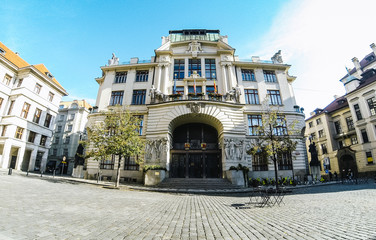 Naklejka premium Facade view of Prague City Hall (Czech: Magistrat HMP (hlavniho mesta Prahy)) at Marianske namesti square, Czech Republic
