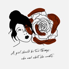 Hand writing quotation with illustration of woman and red rose in simple colors. Simple and retro style, suitable for wallpaper, cards, print, home decor, coffee shop.