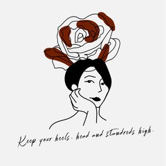 Hand writing quotation with illustration of woman and red rose in simple colors. Simple and retro style, suitable for wallpaper, cards, print, home decor, coffee shop.