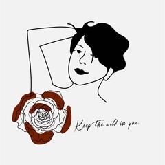 Hand writing quotation with illustration of woman and red rose in simple colors. Simple and retro style, suitable for wallpaper, cards, print, home decor, coffee shop.