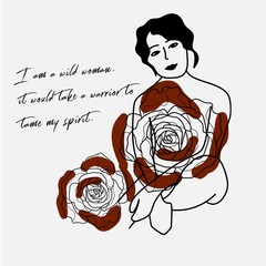 Hand writing quotation with illustration of woman and red rose in simple colors. Simple and retro style, suitable for wallpaper, cards, print, home decor, coffee shop.