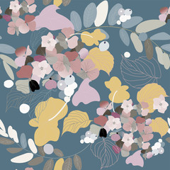 Hydrangea flowers, decorative berries and leaves. Seamless pattern. Garden plants vector illustration.