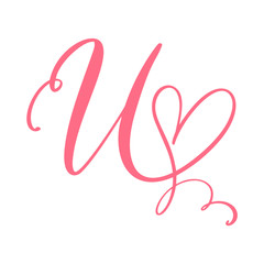 Vector Vintage floral monogram letter U. Calligraphy element heart logo Valentine card flourish frame. Hand drawn Love sign for page decoration and design illustration