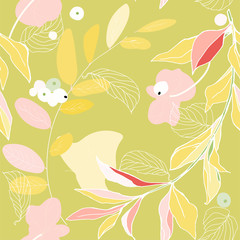 Branches, berries and leaves seamless pattern. Vector illustration.