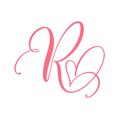 Vector Vintage floral monogram letter R. Calligraphy element heart logo Valentine card flourish frame. Hand drawn Love sign for page decoration and design illustration