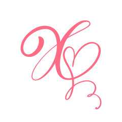 Vector Vintage floral monogram letter X. Calligraphy element heart logo Valentine card flourish frame. Hand drawn Love sign for page decoration and design illustration