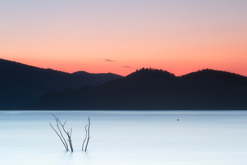 Yesa, Navarra/Spain; Nov. 01, 2015. Sunset in the reservoir of Yesa.