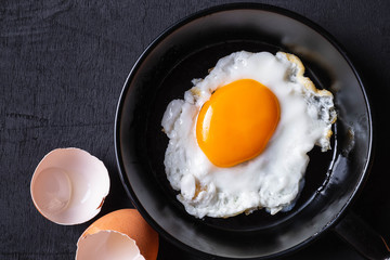 Fried eggs in a frying pan and egg shell  for breakfast on a black background.