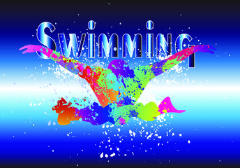 Sports background. Swimming logo design. Colorful splash paint. Icon, Symbol, Silhouette, Exercises, Healthcare, Medical. Vector illustration.