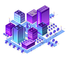 Isometric city set of violet colors building