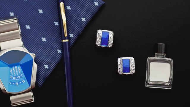 Luxury blue fashion men cufflinks. Accessories for tuxedo, tie, handkerchief, style watch, pen and parfums bottle.
