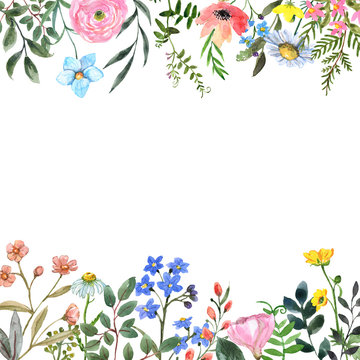 Watercolor Wildflower Border Frame With Blank Space For Text. Hand Drawn Pink, Yellow, Blue Meadow Flowers And Herbs. Botanical Frame For Design.