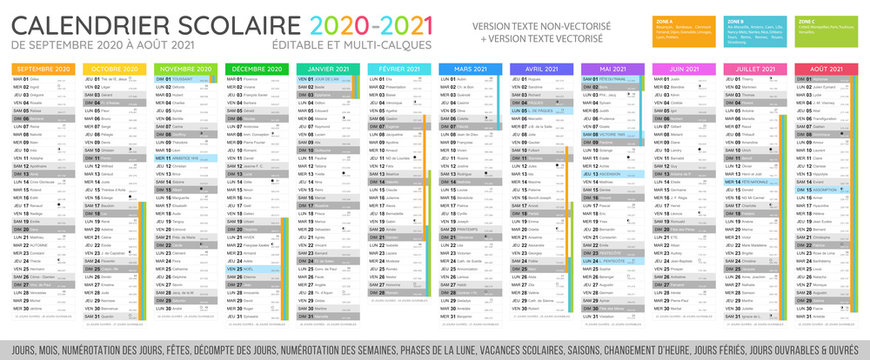 Calendrier scolaire 2020 - 2021. Fichier éditable et multi-calques