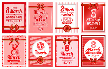 International womens day celebration. Set of greeting cards or posters for ladies on 8 march. Spring holiday for females. Postcards with ribbon bows and floral embellishment. Vector in flat style