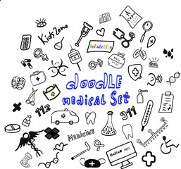 Big medical set in doodle style isolated. Vector outline illustration. Hospital clearance.Syringe, pills, tweezers, cross, suitcase,first-aid kit,patch,blood drops,Jars,medicines,tooth, stroller.