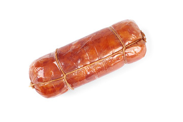 chicken ham roulade in package, isolated on a white background