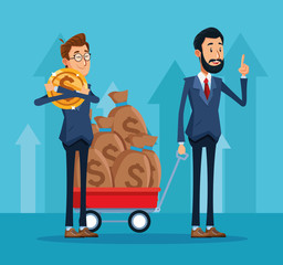 cartoon businessman hugging a money coin and businessman with trolley with money sacks