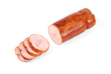 Chicken ham, and slices of tasty chicken meat , isolated on white background