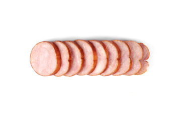 Slices of tasty chicken ham, isolated on white background