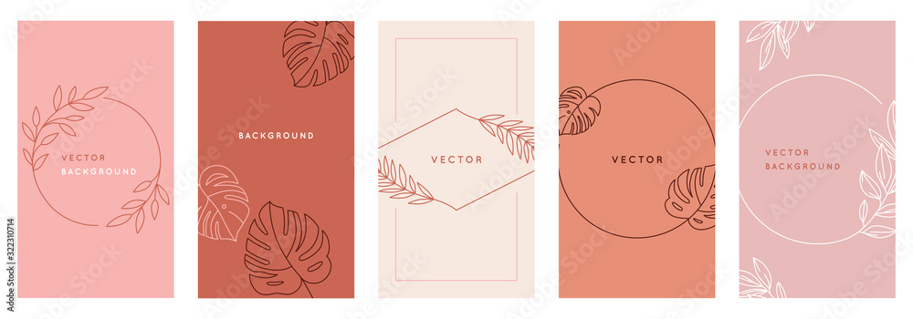 Poster vector design templates in simple modern style with copy space for text, flowers and leaves - weddin
