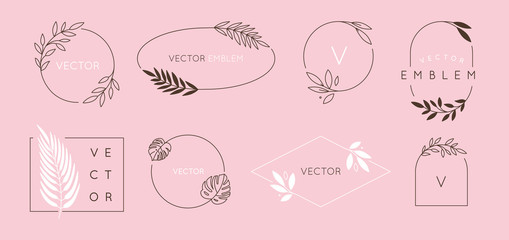 Vector logo design template and monogram concept in trendy linear style - floral frame with copy space for text