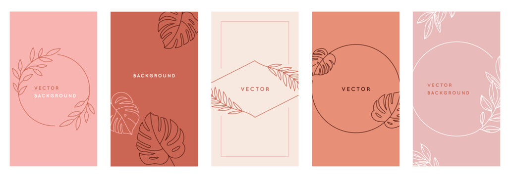 Vector design templates in simple modern style with copy space for text, flowers and leaves - wedding invitation backgrounds, social media stories wallpapers