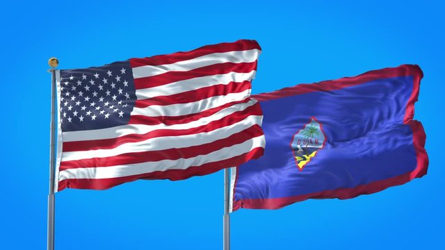 Guam and United States flag waving in deep blue sky together. High Definition 3D Render.