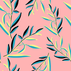 Seamless pattern of branches with leaves. Tropical print on a pink background. Vector stock illustration.