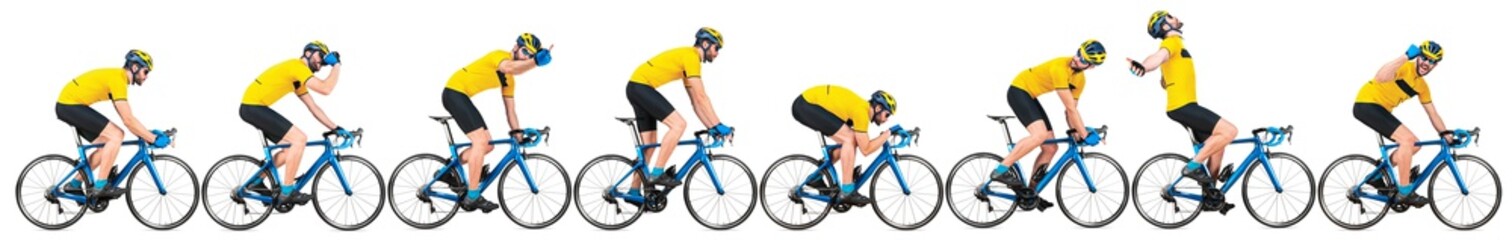 professional bicycle road racing cyclist racer set collection in yellow jersey on light weight blue carbon race cycle in various poses position and gestures isolated  wide white panorama background - obrazy, fototapety, plakaty